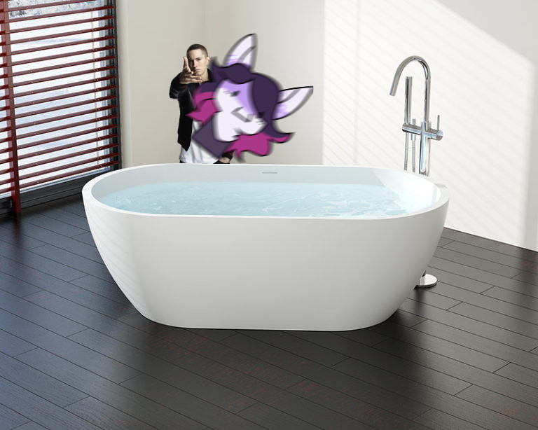 eminem throwing my fursona pngtuber into a bathtub. she has a distressed face